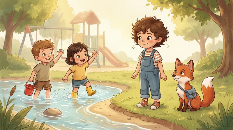 Kind steht ruhig am Bachufer und sagt Nein, zwei Kinder winken aus dem Wasser, Faro der Fuchs daneben