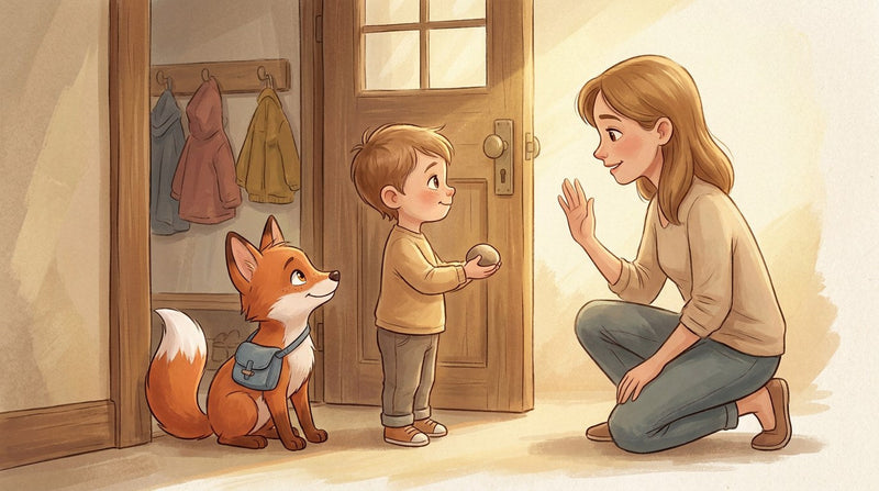 Kind steht mit einem kleinen Stein in der Hand an der Kita-Tür, die Mutter winkt, Faro der Fuchs sitzt daneben