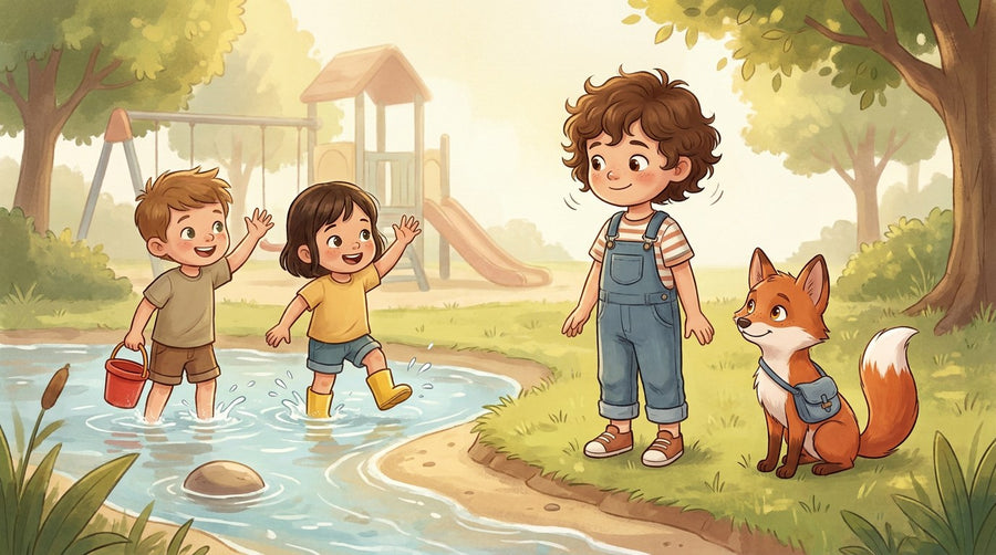 Kind steht ruhig am Bachufer und sagt Nein, zwei Kinder winken aus dem Wasser, Faro der Fuchs daneben