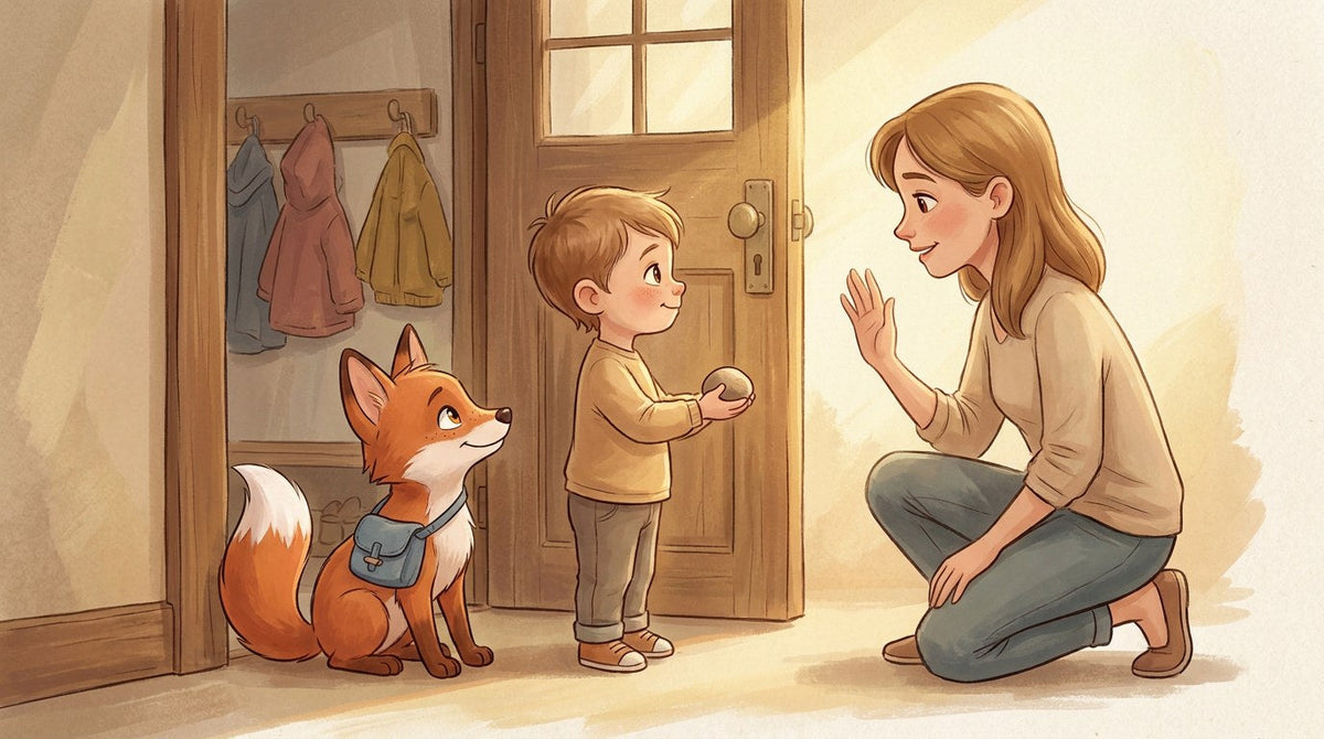 Kind steht mit einem kleinen Stein in der Hand an der Kita-Tür, die Mutter winkt, Faro der Fuchs sitzt daneben