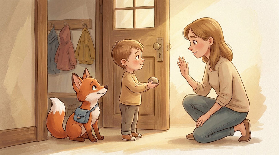 Kind steht mit einem kleinen Stein in der Hand an der Kita-Tür, die Mutter winkt, Faro der Fuchs sitzt daneben
