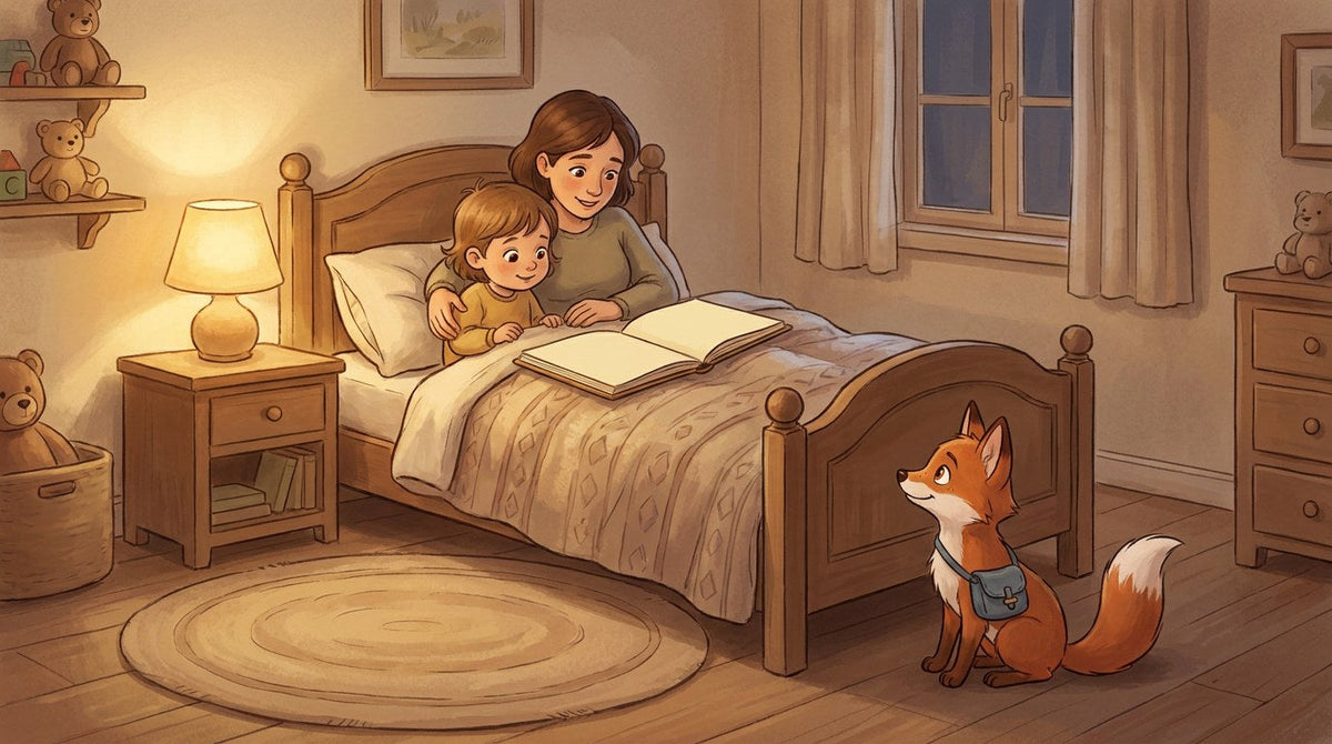 Mutter und Kind lesen abends im Bett ein Kinderbuch, Faro der Fuchs sitzt am Bettende