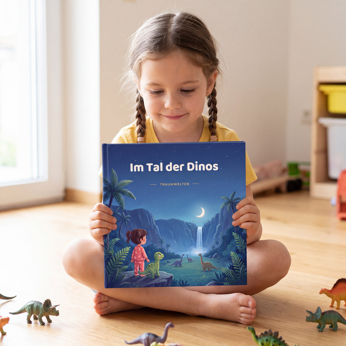 Maedchen haelt zwischen Spielzeugdinos das personalisierte Kinderbuch Im Tal der Dinos