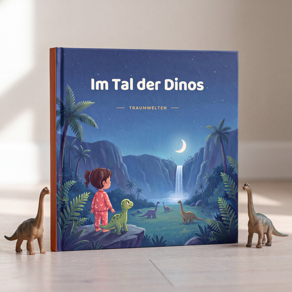 Hardcover Im Tal der Dinos stehend zwischen zwei Spielzeugdinos, orangener Buchruecken sichtbar