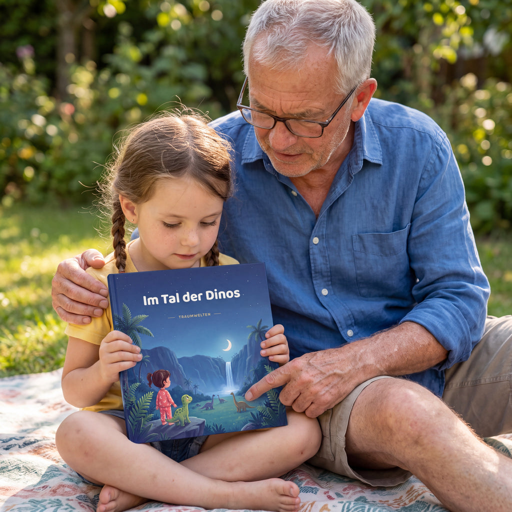 Grossvater und Enkelin schauen auf der Gartendecke gemeinsam das Buch Im Tal der Dinos an