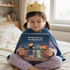 Maedchen mit Papierkrone sitzt auf dem Bett und haelt das personalisierte Kinderbuch Die Prinzessin und der Glitzerdrache