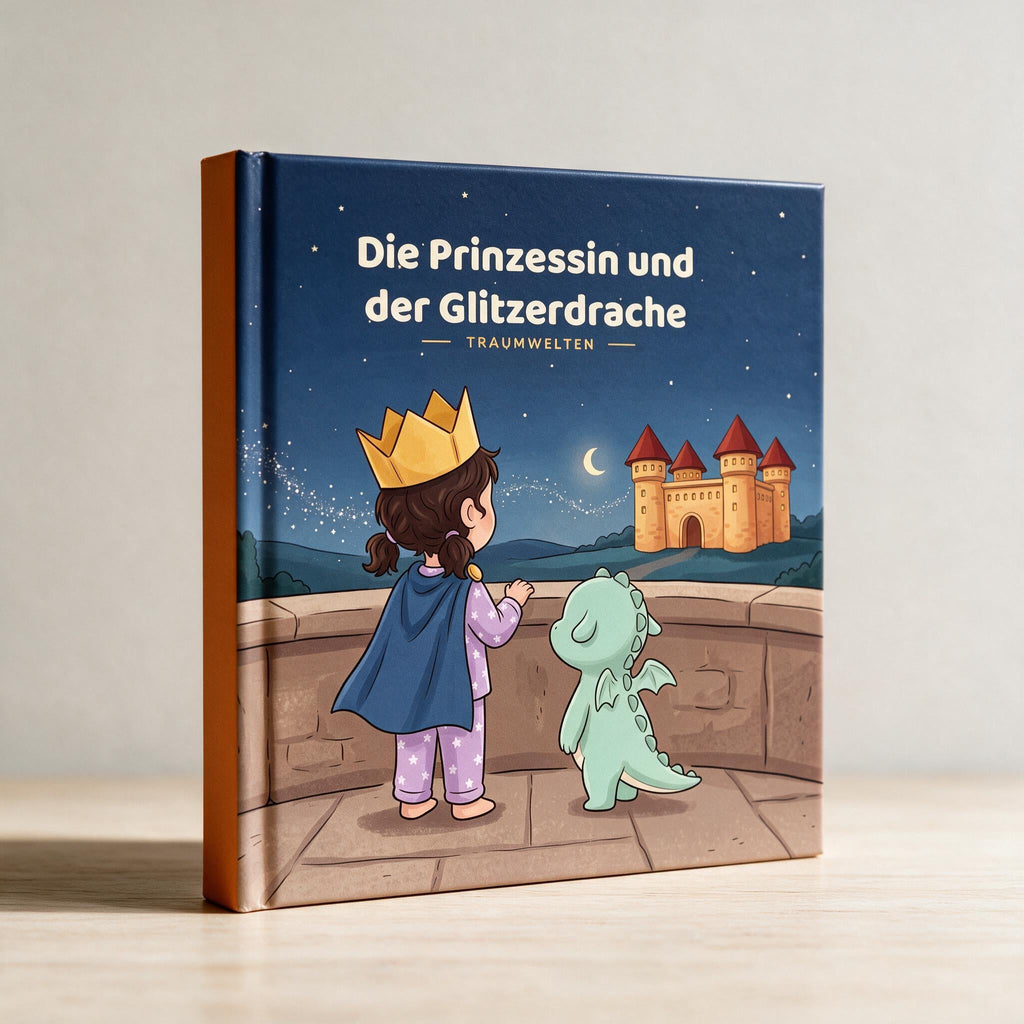 Hardcover Die Prinzessin und der Glitzerdrache an eine helle Wand gelehnt, oranger Buchruecken sichtbar