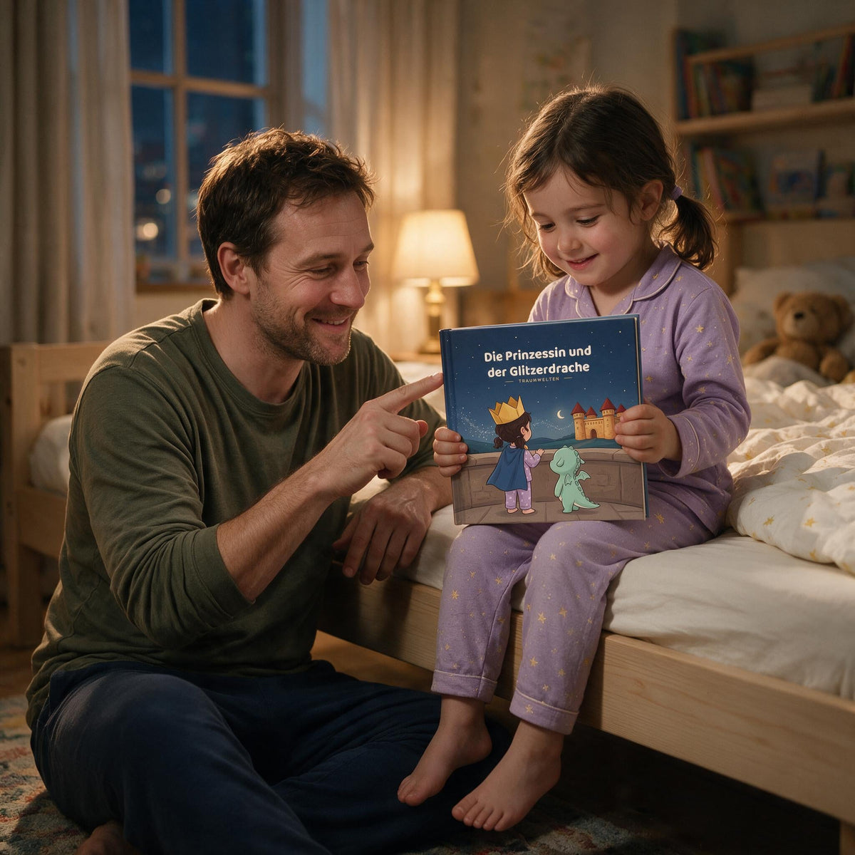 Vater und Tochter schauen sich abends am Bett gemeinsam das Buch Die Prinzessin und der Glitzerdrache an