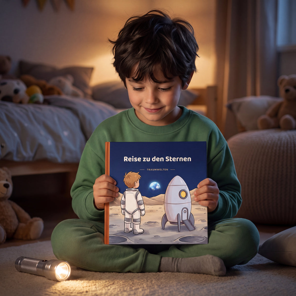 Junge haelt im abgedunkelten Kinderzimmer das personalisierte Kinderbuch Reise zu den Sternen im Taschenlampenlicht