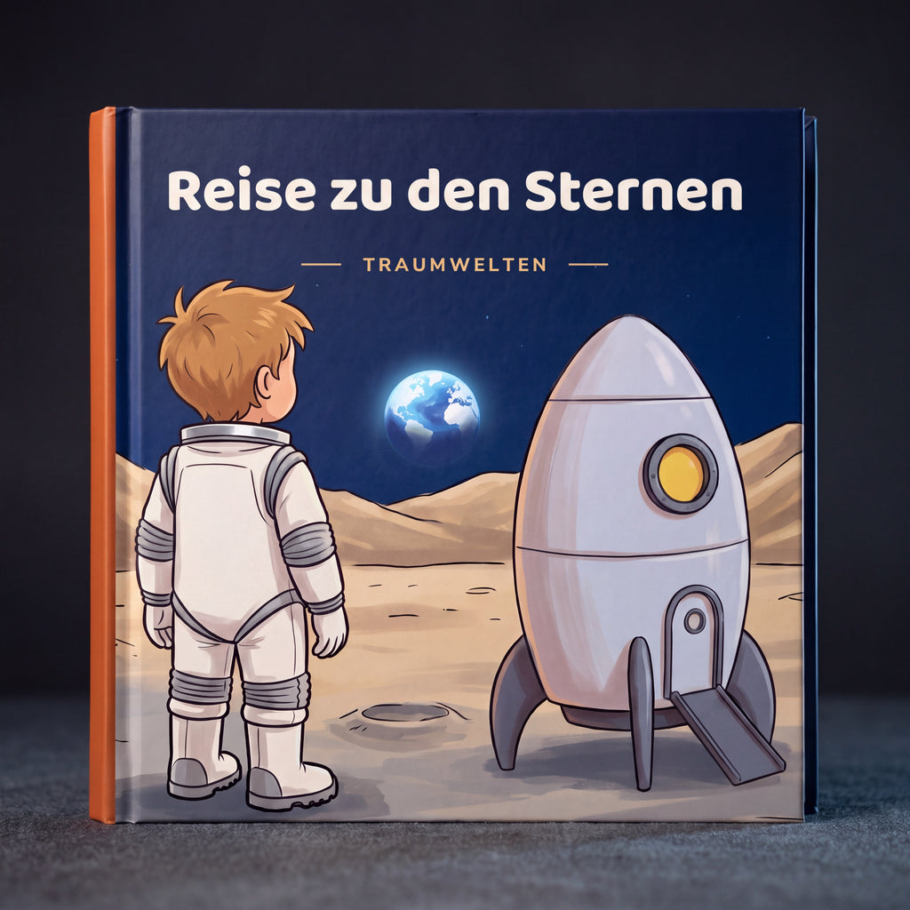 Hardcover Reise zu den Sternen stehend auf dunklem Grund, orangener Buchruecken sichtbar