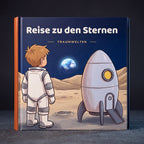 Hardcover Reise zu den Sternen stehend auf dunklem Grund, orangener Buchruecken sichtbar