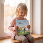 Maedchen auf dem Fensterbrett haelt das personalisierte Kinderbuch Das Einhorn und die verlorenen Farben