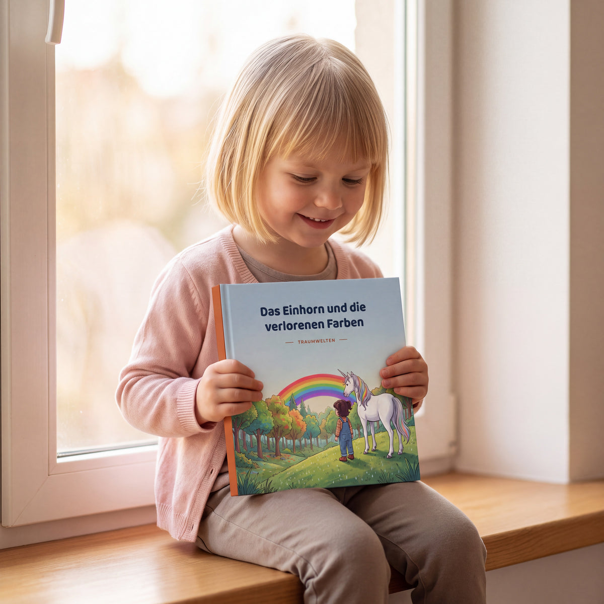 Maedchen auf dem Fensterbrett haelt das personalisierte Kinderbuch Das Einhorn und die verlorenen Farben