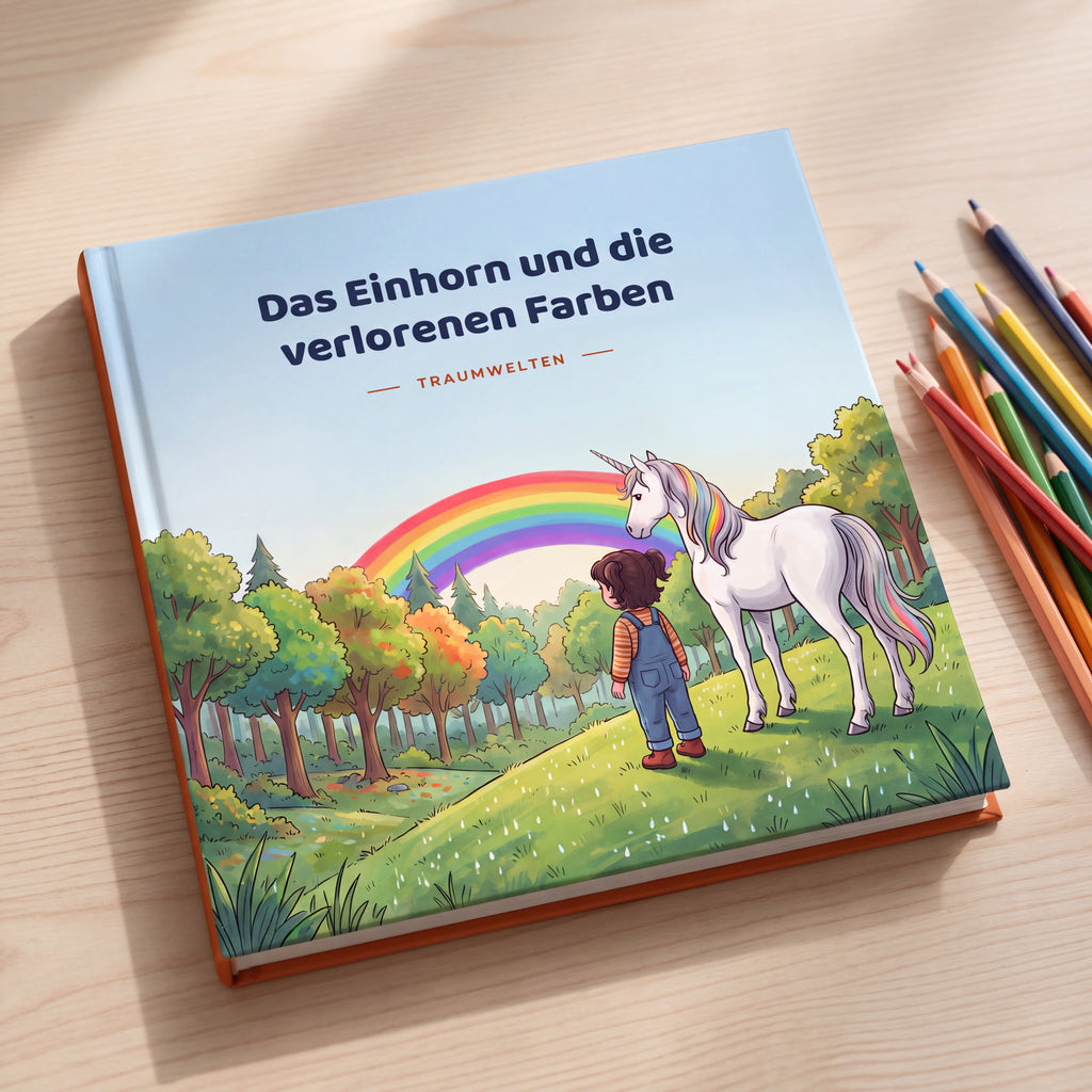 Hardcover Das Einhorn und die verlorenen Farben liegt flach neben Buntstiften auf hellem Holz