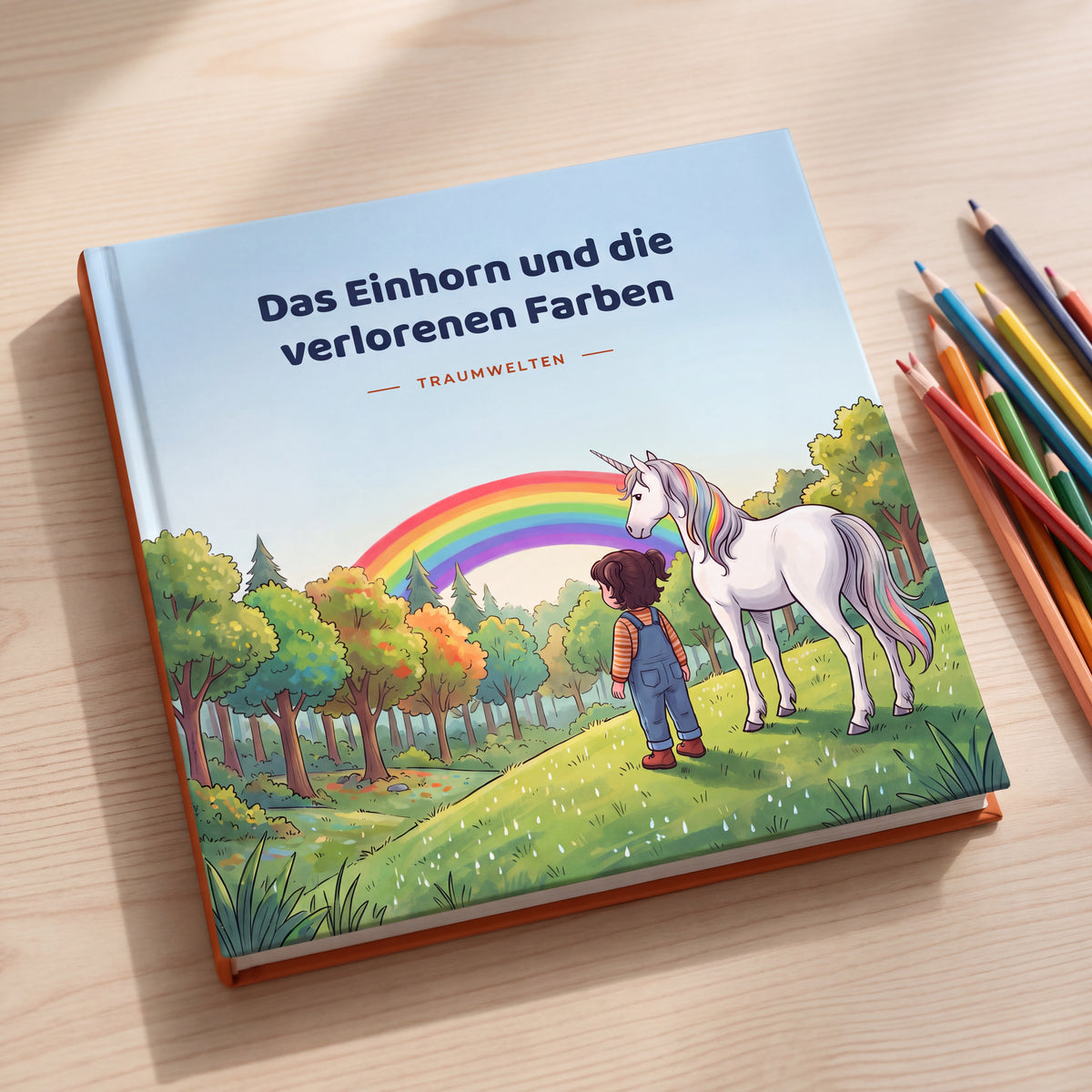 Hardcover Das Einhorn und die verlorenen Farben liegt flach neben Buntstiften auf hellem Holz