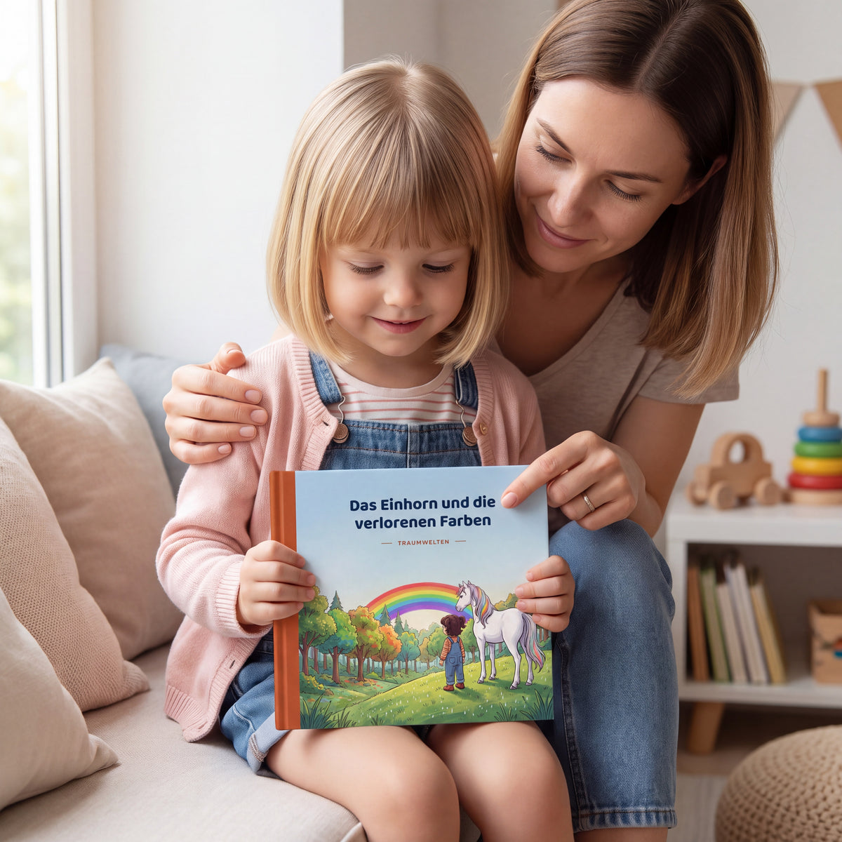 Mutter und Kind lesen gemeinsam Das Einhorn und die verlorenen Farben in der Leseecke am Fenster