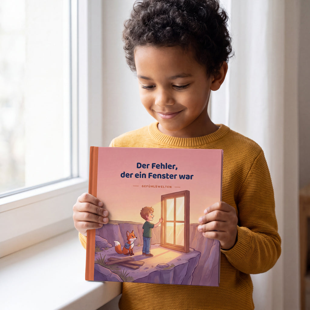 Der Fehler, der ein Fenster war, Kind haelt das Buch