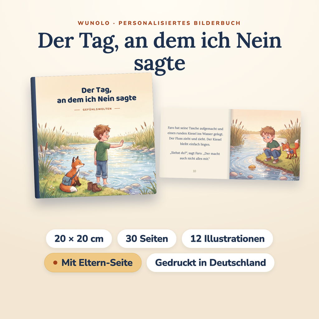 Der Tag, an dem ich Nein sagte, Buch und Doppelseite mit den wichtigsten Fakten: 20 mal 20 cm, 30 Seiten, 12 Illustrationen, mit Eltern-Seite, gedruckt in Deutschland
