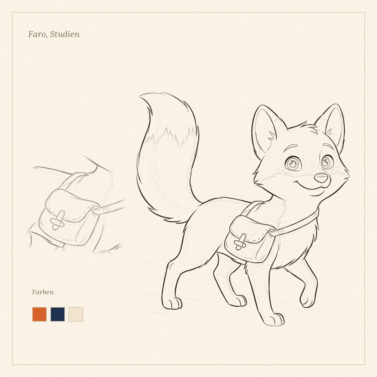 Skizzenblatt: Faro der Fuchs als Bleistiftstudie, daneben seine blaue Tasche