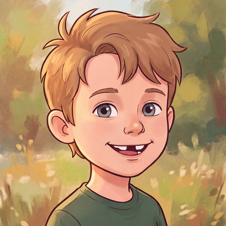 Derselbe Junge als gezeichnete Kinderbuch-Figur, mit derselben Frisur, Zahnlücke und demselben grünen Shirt
